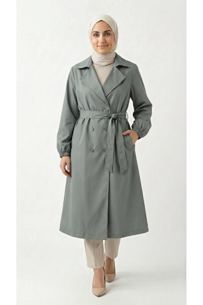 BENAHOLL Doredra Kol Lastikli Düğmeli Uzun Trençkot-EK174 Mint