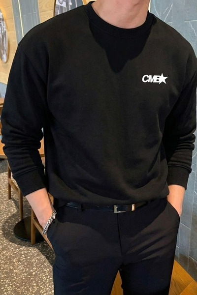 COMBİNE MİCHAİL Мъжка CMB печатна широка черна суитшърт