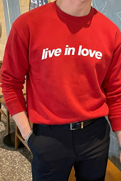 COMBİNE MİCHAİL Live in Love Printed Cotton Men's Red Sweatshirt