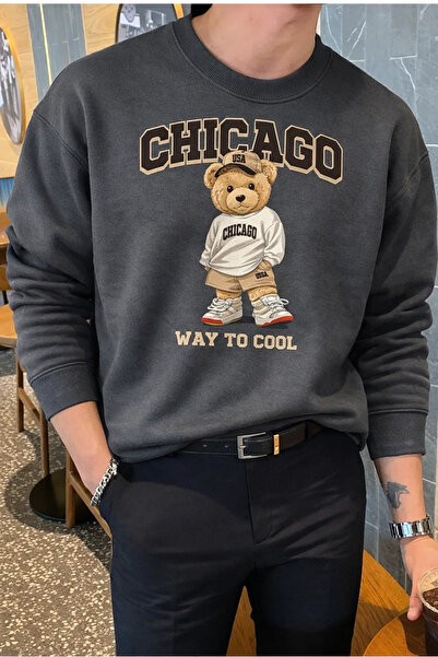 COMBİNE MİCHAİL Erkek Chıcago Baskılı Salaş Füme Sweatshirt
