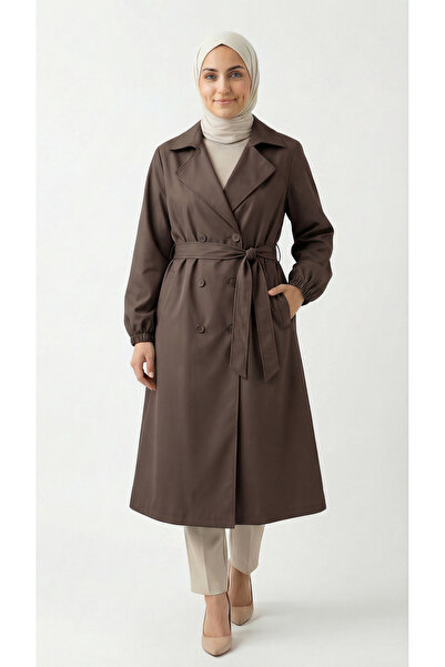 BENAHOLL Doredra Kol Lastikli Düğmeli Uzun Trençkot-EK174 Kahve