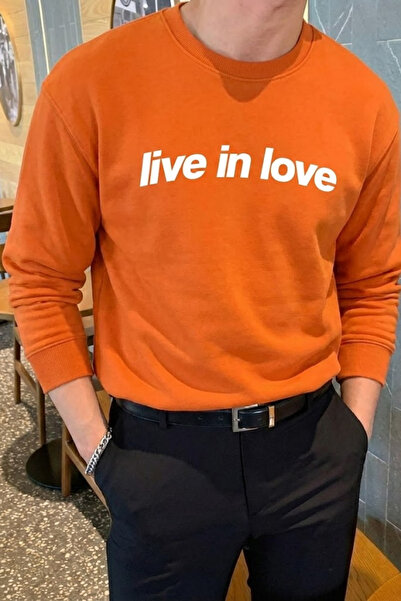 COMBİNE MİCHAİL Live in Love Printed Cotton Men's Orange Sweatshirt