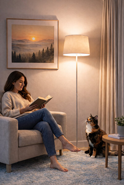 Ultra Home Aqua Model Krem Metal Ayaklı Bohem Lambader 145 cm Kumaş Başlıklı Salon Yatak Odası Köşe Aydınlatma