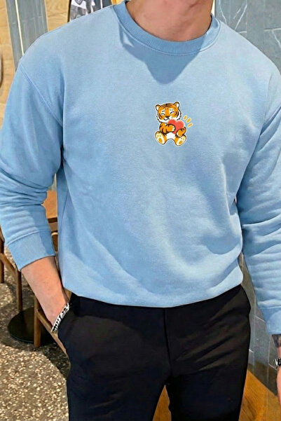 COMBİNE MİCHAİL Men's Tiger Printed Loose B.Blue Sweatshirt