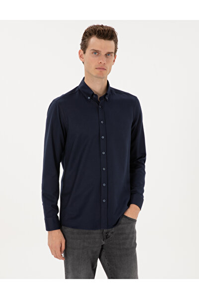 Pierre Cardin Тъмносиня риза с дълъг ръкав, с микрошарени мотиви, прилепваща ...