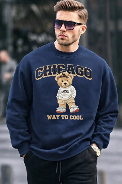 COMBİNE MİCHAİL Chicago Bear Nakışlı Retro Şehir Erkek Lacivert Sweatshirt
