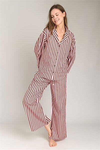 LOVELY THINGS SUZIE Poplin Çizgili Pantolon Pijama Altı - Acı Kahve
