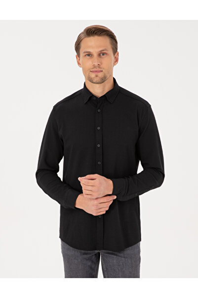 Pierre Cardin قميص أسود مرن ذو قصة ضيقة خطوط وأكمام طويلة 50307162-VR046