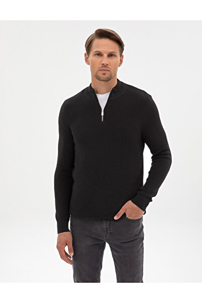 Pierre Cardin Siyah Slim Fit Dik Yaka Fermuarlı Triko Kazak 50317363-VR046