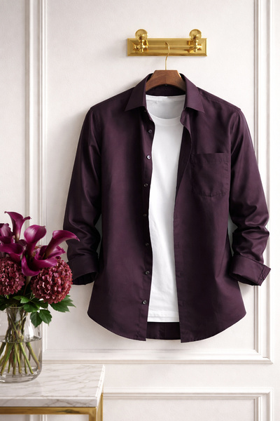 Varetta Erkek Gömlek Mürdüm Uzun Kollu Pamuklu Düz Renk Tek Cepli Günlük Şık ...