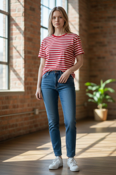 AHMERA Kırmızı Çizgili Geniş Bisiklet Yaka Kadın Basic Tişört