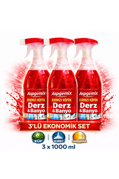 aspgemix Kırmızı Köpük Derz Banyo Fayans arası Temizleyici 1 Lt. X 3 Ad– Küf,...