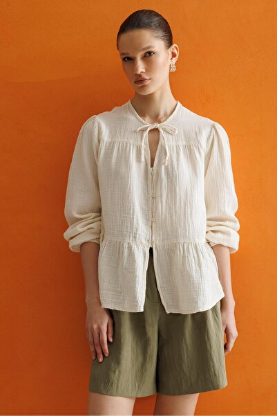 Mixray 4563 Kadın Yakası Bağlamalı Kolu Lastikli Bol Müslin Gömlek Naturel