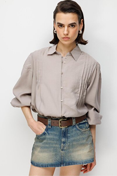 Mixray 4825 Kadın Nervürlü Dökümlü Modal Gömlek Taş