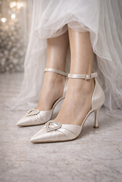 Firibu White Satin Bridal Shoes |   Ankle Strap Pointed Toe Stone Buckle 7 cm