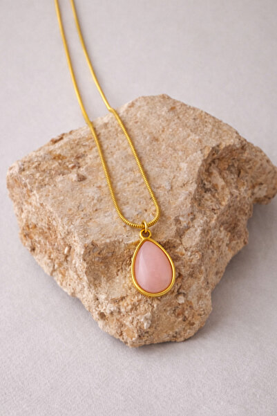 staınless steel Damla Detaylı Pembe Taşlı Vintage Gold Kolye