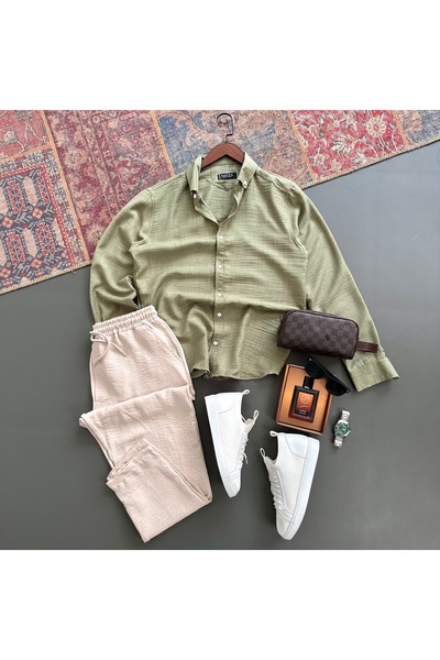 tiggir moda Erkek Krinkıl Keten Gömlek Pantolon Takım 2'li Takım