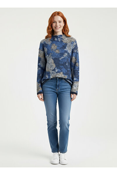 Neden Tekstil Blue Gray Glittery Mountain Patterned Half Fisherman Sweater