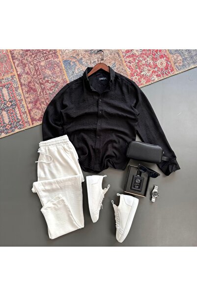 tiggir moda Erkek Krinkıl Keten Gömlek Pantolon Takım 2'li Takım