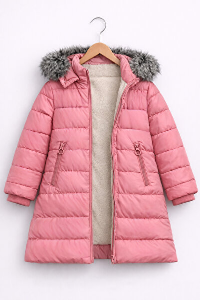 REGOS Kız Çocuk Pembe Şişme Mont Kapüşonlu Kürklü Kışlık Uzun Model