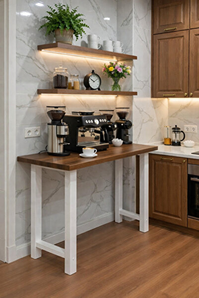 MODERN LİFEE 60 x 120 Kahve Köşesi + 2 RAF Doğal Ham Masa ve Raf Seti Yüksek ...