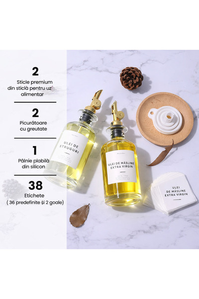 Viacare Set de 4 sticle rotunde din sticlă pentru ulei și oțet cu duze aurii – 350 ml