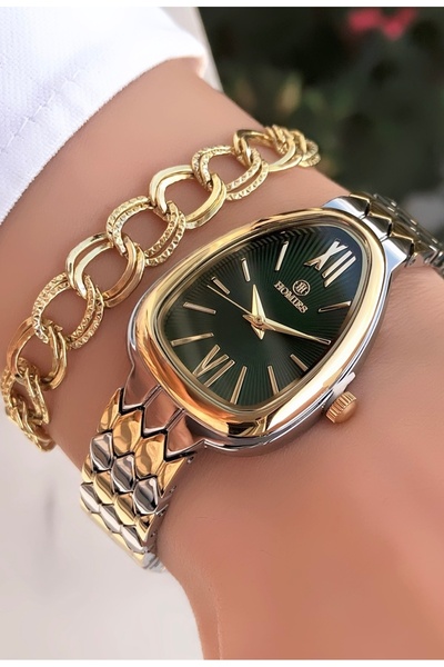 Homies Yeni Sezon Yeşil-Altın Renk Yılan Model Kadın Kol Saati