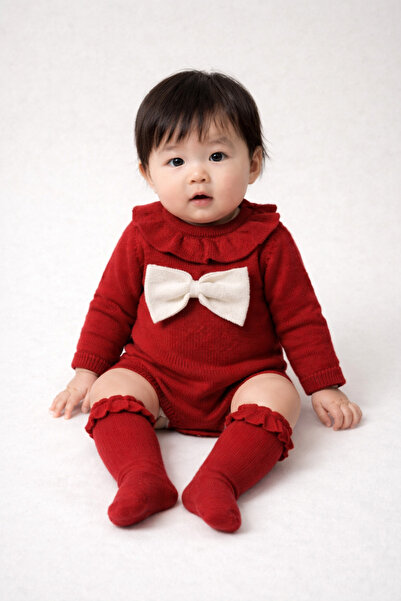 Nipperland %100 Pamuk Kurdele Detaylı Kırmızı Yılbaşı Bebek Tulumu ve Çorap S...