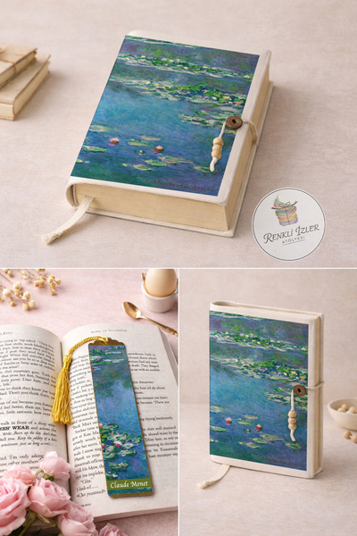 renkli izler atölyesi Kitap Kılıfı ve Metal Kitap Ayracı Seti (Claude Monet N...