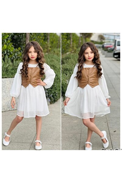 Genel Markalar Kız Çocuk Deri Yelekli Ekru Şifon Elbise