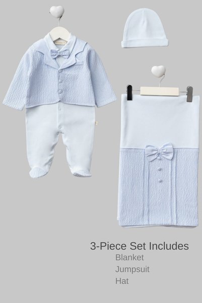 Naka Concept Blue Baby Boy 3-Piece Hospital Discharge Set – Jacket-Looking Jumpsuit, Hat and Blanket – 100% Cotton