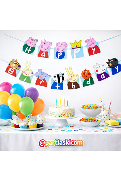 PARTİ AŞKI Peppa Pig Banner ve 10'lu Balon Seti & Happy Birthday Iyi Ki Doğdu...