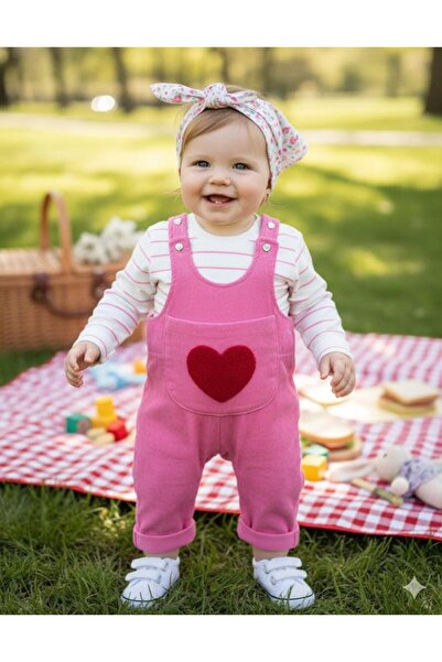 NUNU BABY Kalp Punch İşlemeli Salopet Takım - Pembe