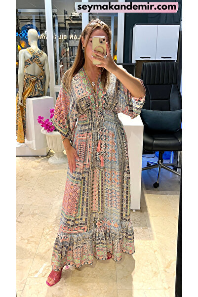 ŞEYMA KANDEMİR Renkli Beli Lastikli Uzun İpek Elbise