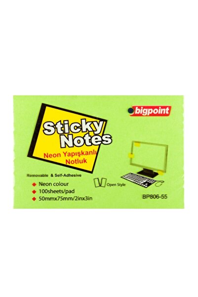 Bigpoint Adhesive Note Paper 75X50Mm Neon Green X 12 Units