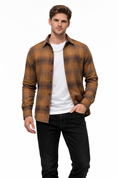 COCOCAN8 ERKEK ODUNCU GÖMLEK UZUN KOL EKOSE DESEN YUMUŞAK DOKULU AÇIK KAHVE S...