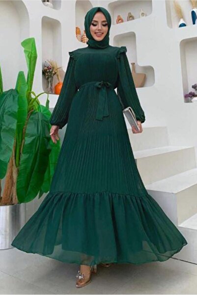 TRENDTESETTÜR KADIN YEŞİL (ZÜMRÜT) OMUZLARI FIRFIR DETAYLI PİLİSELİ ELBİSE 8263