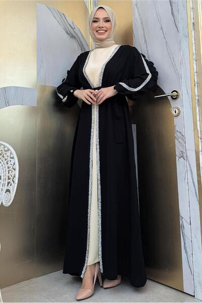 TRENDTESETTÜR KADIN SİYAH TAŞ DETAYLI ELBİSELİ ABAYA TAKIM T 4848