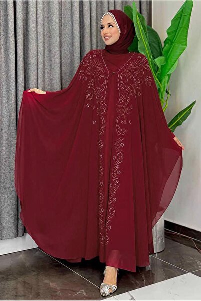 TRENDTESETTÜR KADIN BORDO İŞLEMELİ TÜLLÜ İKİLİ FERACE TAKIM T 6773