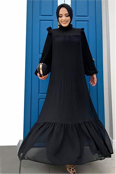 TRENDTESETTÜR KADIN SİYAH OMUZLARI FIRFIR DETAYLI PİLİSELİ ELBİSE 8263