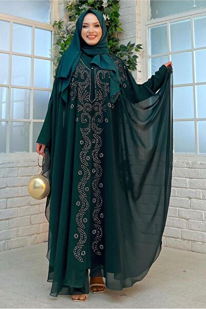 TRENDTESETTÜR KADIN YEŞİL (ZÜMRÜT) İŞLEMELİ TÜLLÜ İKİLİ FERACE TAKIM T 6773