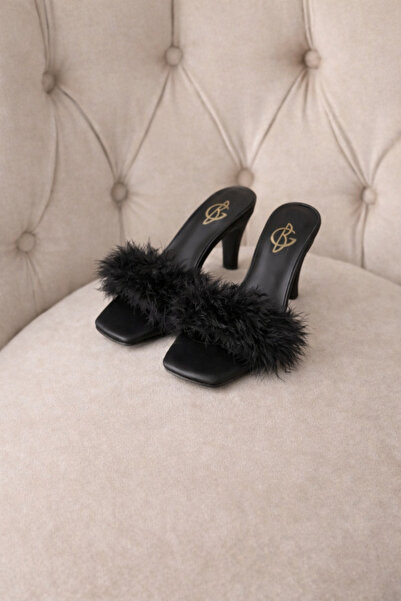 BZC AYAKKABI Black Feathered Mini-Heel Bridal Dowry Engagement Slippers