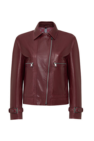 Derimod Paloma Women Burgundy Short Oversized Biker Leather Jacket 25Wgd5608Ve