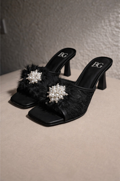 BZC AYAKKABI Black Lace Feathered Engagement Bridal Slippers
