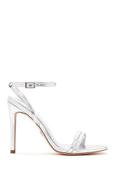 Derimod Women's Gray Ankle Strap Metallic High Thin Heel Sandals 26Sfe494332