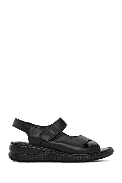 Derimod Sandale confortabile din piele, negre, cu curea la gleznă și talpă gr...