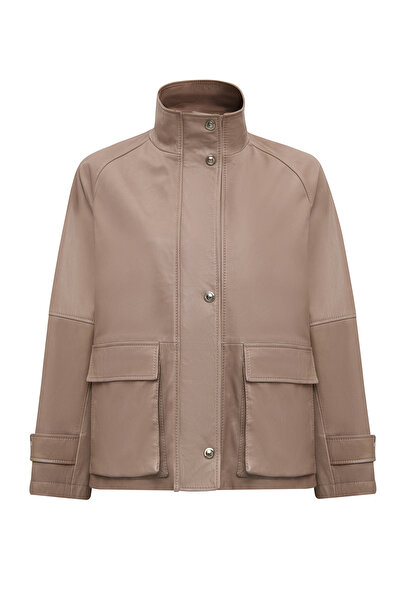 Derimod Fancy Women's Beige Turn-Down Collar Oversized Leather Coat 25Wgd5625Ve