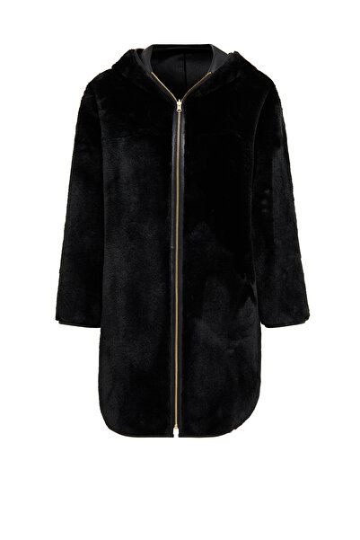 Derimod Artesina Kadın Siyah Kapüşonlu Teddy Deri Kaban 24WGP5287FF