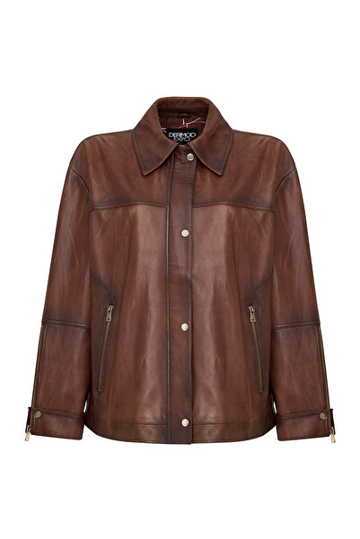 Derimod Britney Women's Brown Shirt Collar Oversized Leather Coat 25Wge5629Nc