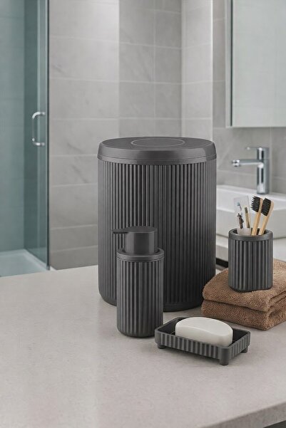 Sas Haus Lines Serisi Gri Banyo Seti, 5 Parça Lüks Akrilik Çöp Kovası, Fırça,...